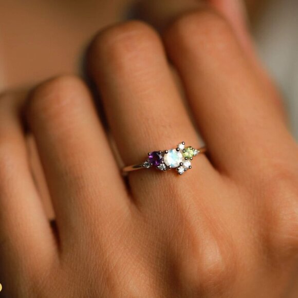 ๐๏ธ S925 Sterling Silver Moonstone Ring Colorful CZ Cluster Delicate Size 7 - Picture 12 of 12